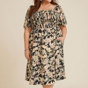 NEW Floral Puff Sleeve Cottagecore Smocked Relaxed Fit Milk Maid Midi Dress 3X